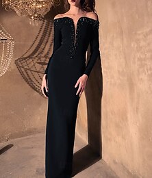 abordables -Robe de soirée sirène/trompette noire élégante, robe de soirée formelle, longueur au sol, manches longues, épaules dénudées, crêpe extensible avec cristaux, 2025