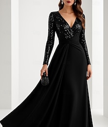 abordables -Robe de soirée trapèze noire élégante, robe de soirée formelle, longueur au sol, manches longues, col en V, paillettes et plis pailletés, 2025