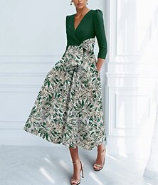 voordelige -A-lijn Over de knie Cocktailjurken Feestjurken Elegant 3/4 mouw V-hals Formeel Bruiloft Stretch crêpe met Strik(ken) Plooien Zak