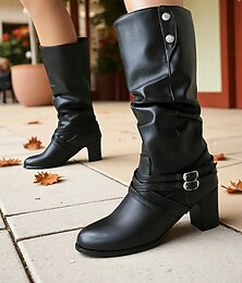 economico -stivali neri da donna a metà polpaccio con cinturini con fibbia, eleganti e versatili, adatti per un abbigliamento casual, autunnale e invernale.