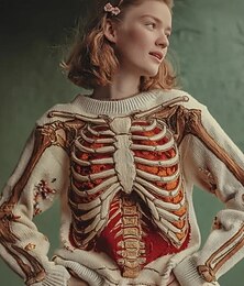 cheap -Women's Sweater Skeleton Cute Streetwear Casual Graphic Skeleton Crew Neck Patchwork Knitted Long Sleeve Regular Tops KnitBlack Pink Fall Winter