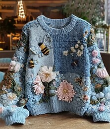 abordables -Pull vintage pour femme, décontracté, à fleurs, col ras du cou, tricoté, imprimé, manches longues, style décontracté, pour l'extérieur, le week-end, bleu, automne et hiver