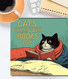 abordables -Calendrier mural 2026 avec chats se relaxant avec des livres, planificateur mensuel à thème de lecture de chat mignon, cadeau amusant pour amoureux des félins, décoration d'art mural pour la maison,