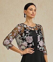 abordables -Femmes Blazer Léger Dentelle Broderie Élégant Fleuri Formel Court Col Rond Coupe Ample Manche 3/4 Vêtements d'extérieur Noir Été Printemps