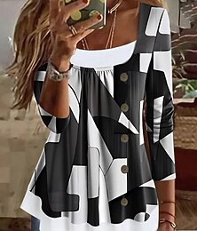 baratos -Mulheres Camiseta Gráfico Geométrica Vintage à moda Clássico Manga Longa Decote Quadrado Tops regulares Diário Final de semana Patchwork Botões Imprimir Preto Vermelho Azul Verde Primavera Outono