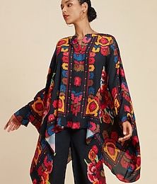 preiswerte -Damen Top Chiffon Blumendruck Revers Ethno-Stil Casual Urlaub Frühling Herbst