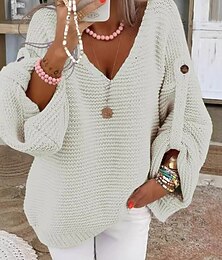 abordables -Femmes Pull Streetwear Occasionnel Couleur Unie Col en V Tricoté manche longue Hauts Réguliers Tricoter Quotidien Fête Sortir Noir Blanche Automne Hiver