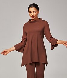 abordables -Femmes Féminin Chemisier Couleur Unie Couleur Unie / Unie Formel Tenue quotidienne Date Manches Evasées Manche en maille Marron manche longue Élégant Élégant & Luxueux Décontracté Quotidien Col haut
