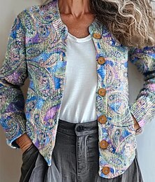 abordables -Femmes Cardigan Mode Quotidien Occasionnel Fleuri Graphique Paisley Côtelé Col ras du cou Floral Boutons Imprimé manche longue Hauts Réguliers Tricoter Extérieur Quotidien Date Noir Bleu Printemps