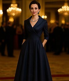 abordables -Robe de mère de la mariée trapèze élégante, col en V, longueur thé, longueur midi, satin extensible, manches 3/4, froncées, couleur unie, 2025
