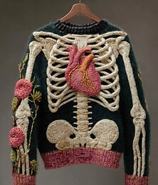 abordables -Femmes Pull Mignon Streetwear Occasionnel Graphique Squelette Col ras du cou Patchwork Tricoté manche longue Hauts Réguliers Tricoter Halloween Rose Claire Automne Hiver