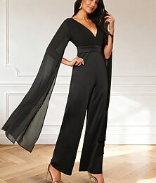preiswerte -Overalls Brautmutterkleid Elegant Minimalistisch V Ausschnitt Schulterfrei Bodenlang Chiffon Kurzarm mit Schärpe / Band 2025
