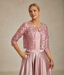 رخيصةأون -سترة نسائية من الدانتيل، أنيقة مزينة بالزهور، مناسبة للحفلات، ذات رقبة دائرية، وقمصان قصيرة، مناسبة لضيوف حفلات الزفاف، وملابس السهرة، مطرزة بالدانتيل، باللون الوردي الفاتح، مناسبة للصيف والربيع