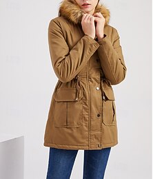 preiswerte -Damen Wintermantel Parka Warm Bequem Reißverschluss Tasche Pelzkragen Lässig Einfach Urlaub Alltagskleidung Ausgehen Wochenende Regulär Mit Kapuze Normale Passform Langarm Oberbekleidung Schwarz Wein