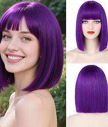 economico -parrucca bob viola con frangia, corta e dritta, parrucche bob viola scuro per donna, lunghezza alle spalle, parrucche sintetiche resistenti al calore, frangia piatta per feste quotidiane, cosplay,