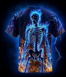 baratos -Halloween Homens 3D impressão Chamas do Fogo do Inferno 3D Esqueleto Camiseta Manga Curta Camiseta Impressão 3D Gola Redonda Camisa Exagerado Designer Terror Festa Rua Feriado Azul Laranja Laranja 2