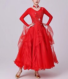 abordables -Robe de danse de salon à manches longues pour femme, tenue de soirée, de valse moderne, avec cristaux et strass