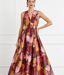 abordables -Ligne A Longueur au sol Robe de Soirée Tenue de soirée Fente Haute La mère de la mariée Sans manches Col en V Formel robe demoiselle d honneur Poche Satin avec Imprimé floral Fente Poche