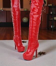 preiswerte -Rote Overknee-Stiefel aus Lackleder für Damen mit Plateau-Stilettoabsatz – sexy High Heels für das Nachtleben &Clubpartys