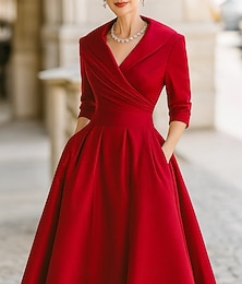 economico -abito da sposa elegante rosso nero a trapezio in raso vintage con colletto a camicia, lunghezza tè, manica a 3/4 con arricciature, tinta unita 2025