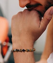 abordables -Bracelet homme en perles de pierre naturelle avec breloque croix, bracelet extensible réglable, bijoux spirituels pour cadeau de Noël, fêtes et usage quotidien