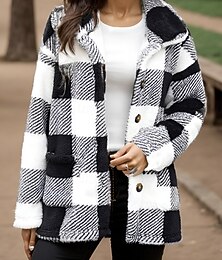 preiswerte -Damen Fleecejacke Sherpa-Jacke Freizeitjacke Bequem Atmungsaktiv Tasche Knöpfe Druck Lässig Karomuster Urlaub Straße Lässig Alltagskleidung Einreihig Lang Umlegekragen Normale Passform Langarm