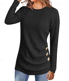 billiga -Dam Tröja Streetwear Ledigt Ensfärgat Ribbad Rund hals Knappar Stickat Långärmad Vanliga toppar Sticka Dagligen Helgdag Helgen Svart Armégrön Höst Vinter