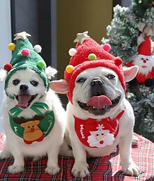 preiswerte -Weihnachtsbaum-Pompon-Mütze &Halstuch für Haustiere, Hunde- und Katzenkostüm-Set mit Schal und Lätzchen, entzückendes Urlaubsoutfit für kleine Hunde, Welpen, Teddy, französische Bulldogge, Zwergspitz