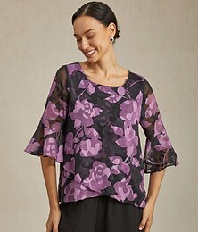 abordables -Haut ras du cou en mousseline texturée noire et violette pour femme, manches trois-quarts, poignets à volants, ourlet croisé superposé