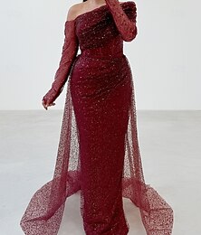 preiswerte -rot schwarz Etuikleid/Säule Abendkleid elegantes Abendkleid formelle Hochzeit bodenlang Langarm eine Schulter Pailletten mit Glitzer 2025