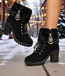 levne -Dámské hnědé kotníkové boty z umělé kůže s kožešinovou manžetou a robustním podpatkem – teplé zimní šněrovací boty s detailem z kamínků pro dámy, ideální pro outdoorové, běžné nošení a sváteční nošení.