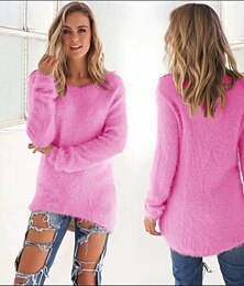 billiga -damtröja med tröja enfärgad fuskig mysig ribbad stickad aktiv mode streetwear långärmad rund hals rund hals vanlig toppar gata vardagskläder avslappnad lapptäcke rosa vår höst