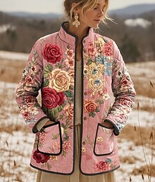 preiswerte -Damen Winterjacke Steppjacke Warm Leicht Druck Aktiv Vintage Niedlich Künstlerisch Blumen Lässig Regulär Stehkragen Normale Passform Langarm Oberbekleidung Rosa Blau Purpur Herbst Winter