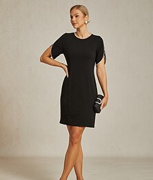 olcso -Női Mini ruha Hüvelyruha Elegáns Esküvői vendég Estély Koktélparty Tömör szín Rövid ujjú Terített nyak Fekete Nyár Tavasz Ősz