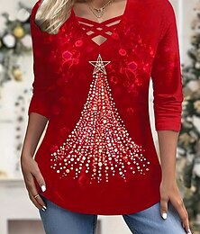 abordables -Noël Femmes T-shirt Graphique Arbre de Noël Noël laid ancien Élégant Classique manche longue Col en V Hauts Réguliers Quotidien Cravate Imprimé Rouge Automne Hiver