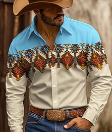 preiswerte -Herren aztekisch Vintage Ethnisch Hemd Knopfhemd Cowboy-Shirt Langarm Westernstil Outdoor Lässig Arbeitskleidung Frühling Herbst Umlegekragen 3D-Druck Hemden mit Kragen Blau Khaki