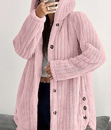 halpa -Naisten Sherpa takki Mukava Hengittävä Tasku Napit Vapaa-aika Tavallinen Loma Katu Kausaliteetti Arki-asut Yksirivinen Pitkä Hupullinen Loose Fit Pitkähihainen Päällysvaatteet Musta Punastuvan