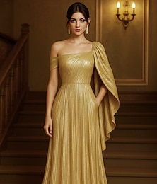 abordables -Ligne A Robe de Soirée Élégant Robe de soirée Formel Mariage Longueur au sol Manche Courte Une Épaule Capes Tissu Lurex avec Paillettes Volants 2025