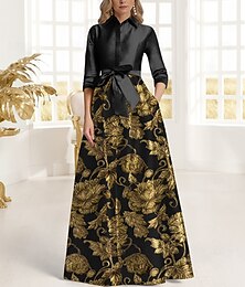 preiswerte -schwarz-goldenes Jacquard-Kleid in A-Linie für die Mutter der Braut, eleganter Hemdkragen, bodenlanger Taft, 3/4-Ärmel mit Schleife(n), 2025