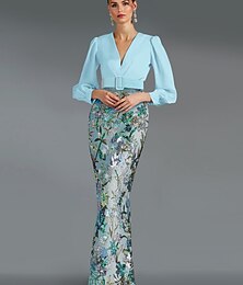 abordables -Robe de soirée élégante en satin stretch avec broderie florale longueur sol manches longues décolleté en V et fente
