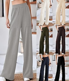 abordables -Femmes Jambe large Chinos Streetwear Occasionnel Longueur complète Taille moyenne Uni Avec Poches Taille Élastique Confortable Micro-Élastique Extérieur Vacances Quotidien Noir Blanche Vert Véronèse