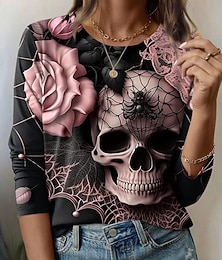abordables -T-shirt pour femmes Halloween avec des crânes graphique mode décontractée à manches longues col rond tops réguliers imprimé quotidien week-end rose bleu violet vert gris été printemps automne