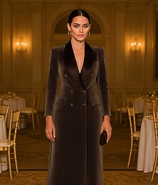 abordables -Robe smoking Gaine Formel robe demoiselle d honneur Satin Velours Élégant manche longue Longueur au sol Revers de pointe Double Boutonnage