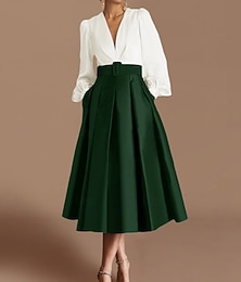 preiswerte -Strandhochzeit A-Linien Cocktailkleider Elegantes Kleid Formelle Hochzeitsgast Tee Länge Lange Ärmel V-Ausschnitt Satin mit Raffung Kleider