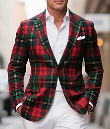 お買い得  -男性用 ブレザー コート アウトドア カジュアル カジュアル 普段着 ブリティッシュ 秋冬 ポリエステル100% チェック 3Dプリント ボタン 保温 快適 シングルブレスト ブレザー ルビーレッド