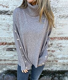 abordables -Femmes Pull Mode Streetwear Occasionnel Couleur Unie Côtelé Col roulé Tricoté manche longue Hauts Réguliers Tricoter Extérieur Quotidien Week-end Gris Automne Hiver