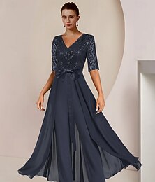 economico -Tuta  Completo Madre della Sposa Ospiti Formali di Matrimonio Elegante Scollatura a Cucchiaio Lunghezza Caviglia Chiffon Paillettes Maniche Corte con Fiocco(i) Paillettes