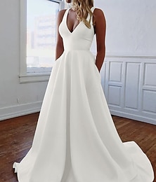 economico -Abiti da sposa semplici e casual a linea A scollo a V senza maniche lunghezza corta abiti da sposa in satin con tasca