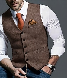 preiswerte -Herren Tweedweste Weste Formell Hochzeit Urlaub Täglich Vintage Mode Frühling Herbst Tasche Knöpfe Polyester Bequem Fischgrätenmuster Einreihig V Ausschnitt Revers Schmale Passform Braun Hellgrau
