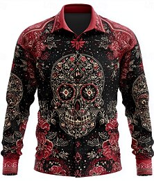 economico -Per uomo Teschio Giorno dei Morti Fiore / Floreale Camicia Camicia con Bottoni Manica Lunga Gotico punk oscuro All'aperto Ferie Estate Primavera Collo ripiegato Stampa 3D camicie con colletto Rosso